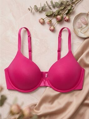 La Senza Hot Pink Plunge Push Up Bra 32D Racerback Smooth T-Shirt
